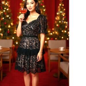 Little Black Dress Lace Overlay Cream Lining Knee Ruffles Layered SZ 14 BooHoo